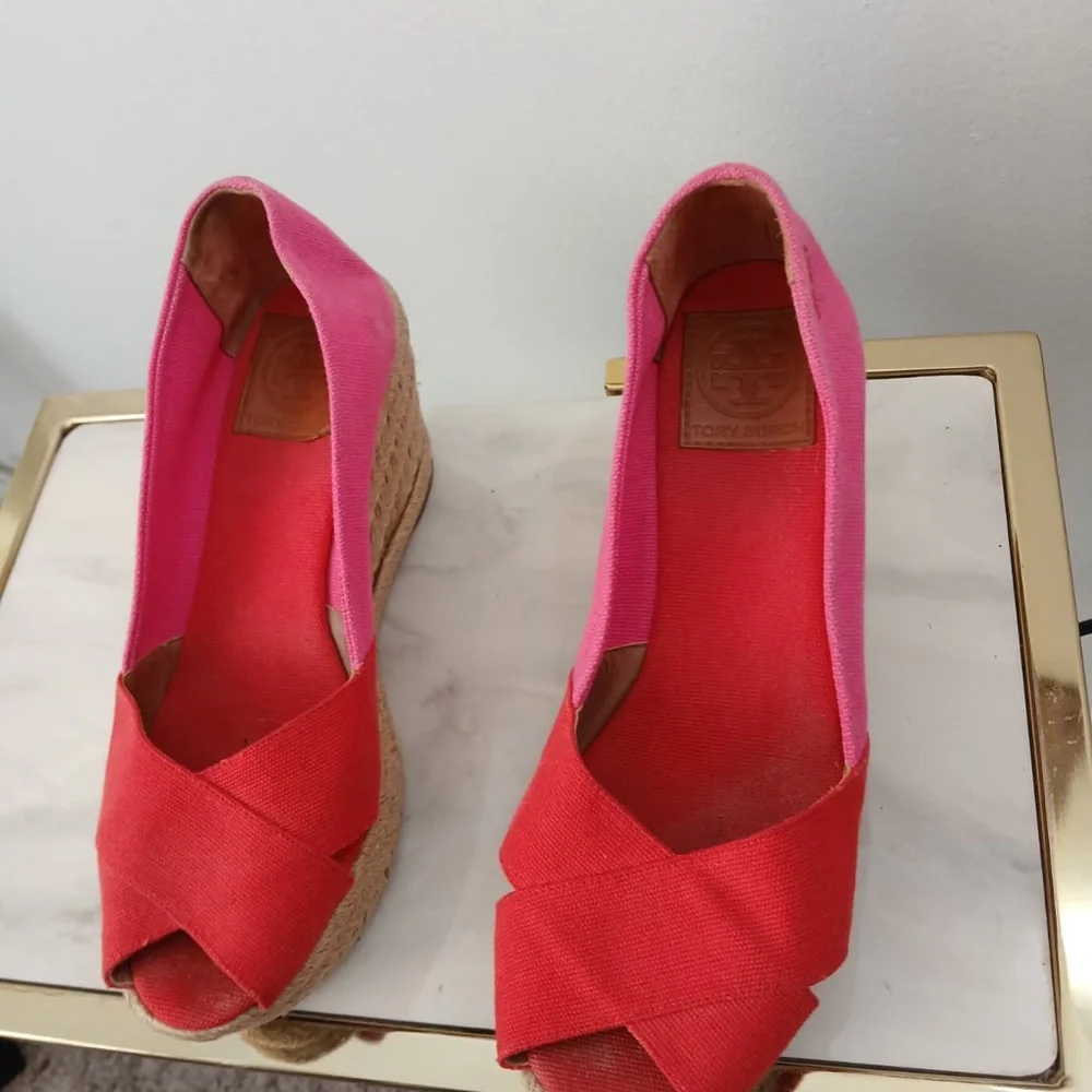 Tory Burch Pink Espadrille Wedge Sandals Size 8.5.